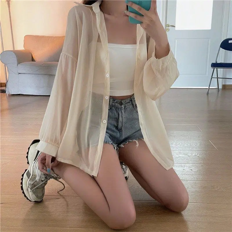 Shirt for Women Blouse Long Sleeve Top Female Chiffon Loose Cardigan Thin Sexy Solid Color Casual Shirt