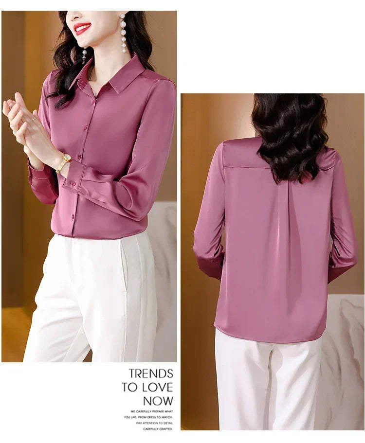 Spring New Shirts for Women Satin Long Sleeve Blouse Office Lady Fashion Shirts Silk Women Shirt OL Elegant Blouses Ladies Tops