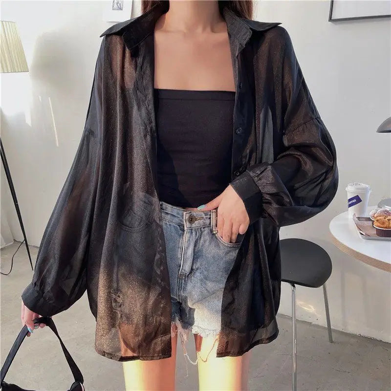 Shirt for Women Blouse Long Sleeve Top Female Chiffon Loose Cardigan Thin Sexy Solid Color Casual Shirt
