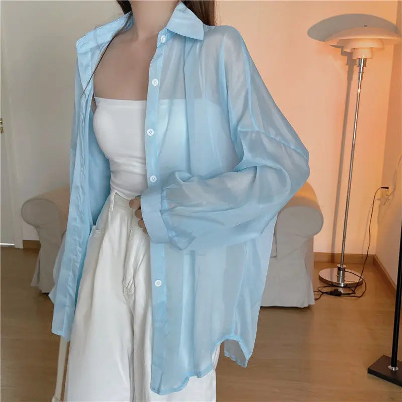 Shirt for Women Blouse Long Sleeve Top Female Chiffon Loose Cardigan Thin Sexy Solid Color Casual Shirt