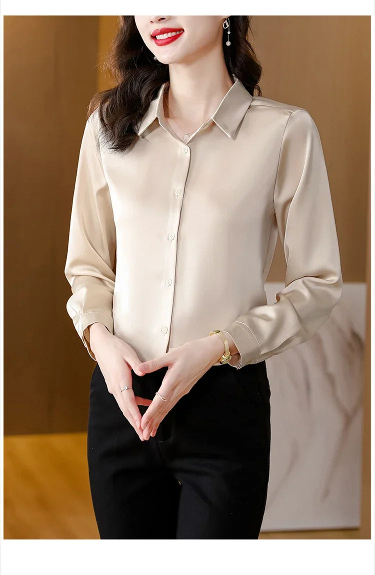 Spring New Shirts for Women Satin Long Sleeve Blouse Office Lady Fashion Shirts Silk Women Shirt OL Elegant Blouses Ladies Tops
