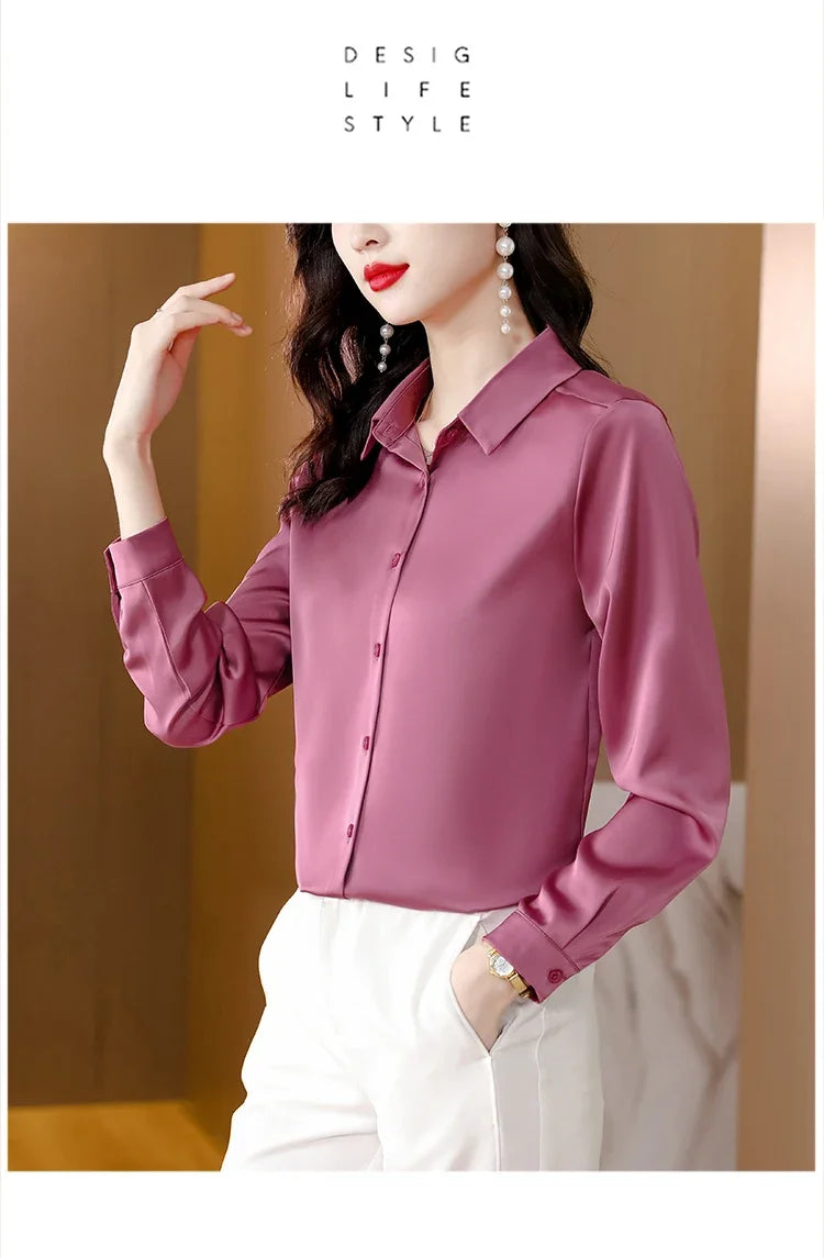 Spring New Shirts for Women Satin Long Sleeve Blouse Office Lady Fashion Shirts Silk Women Shirt OL Elegant Blouses Ladies Tops