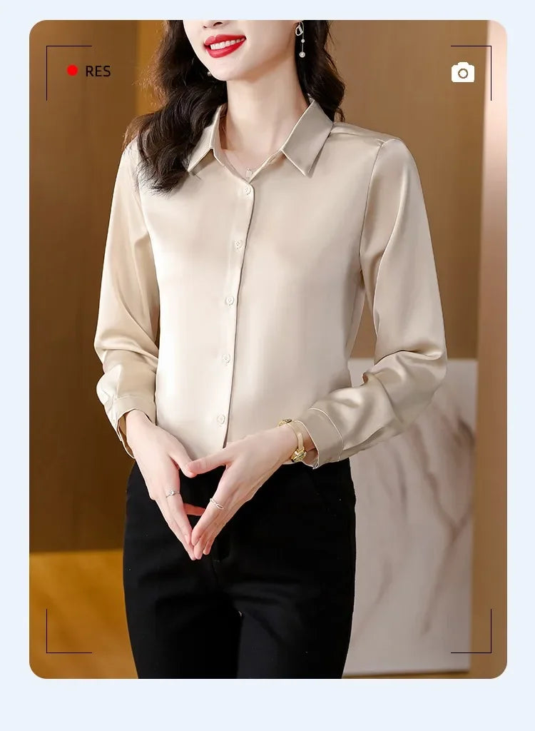 Spring New Shirts for Women Satin Long Sleeve Blouse Office Lady Fashion Shirts Silk Women Shirt OL Elegant Blouses Ladies Tops