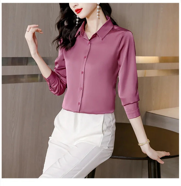 Spring New Shirts for Women Satin Long Sleeve Blouse Office Lady Fashion Shirts Silk Women Shirt OL Elegant Blouses Ladies Tops